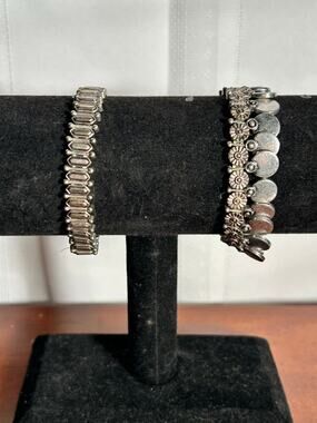 Silver Tone Stretch Bracelet Set of 2 Beaded & Coin Dangle Charm Stacking